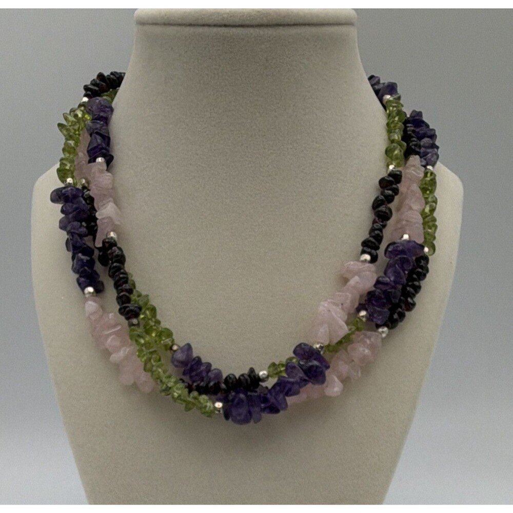 Multi-Strand Gemstone Chip Beaded Necklace Amethyst Peridot Garnet Toggle 18in